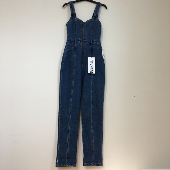 Almost Famous Denim Blue High Rise Straight Leg Zip Up Front Overalls - Picture 3 of 16